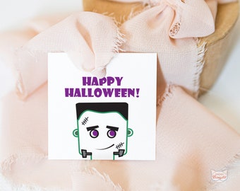 Square Halloween Frankenstein Gift Tag - Printable Trick or Treat Cookie Tag - Instant Download - Frankenstein Line Drawing Happy Halloween