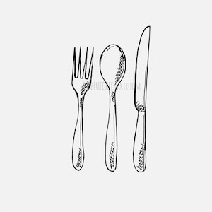 May include: A black and white line drawing of a fork, spoon, and knife. The utensils are drawn in a simple, minimalist style.