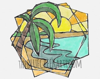Polygonal Beach, Digital Watercolor, Instant Download, Color and B&W