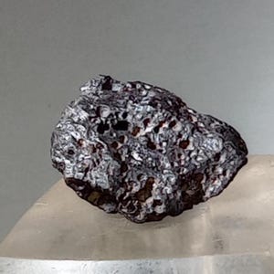 Pode incluir: Uma rocha escura e texturizada com uma mistura de cores cinza, branco e marrom. A rocha tem uma superfície áspera e irregular com pequenos buracos e um padrão único. A rocha está sobre uma superfície clara e translúcida.