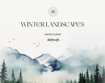 May include: Watercolor painting of a winter landscape with snow-capped mountains, a lake, and a forest of evergreen trees. The sky is a light blue with a few white clouds. The painting is titled "Winter Landscapes" and "Watercolor" in a black font.