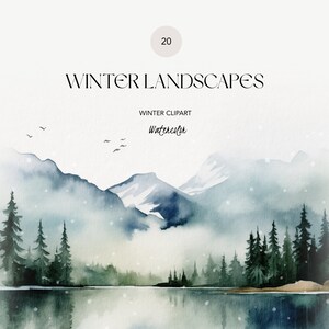 Clipart scène d'hiver aquarelle, clipart paysage minimal, aquarelle paysage d'hiver, clipart paysage de montagne, impression forêt hiver