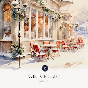 Snowy winter scene clipart, Watercolor Christmas scene png, Winter scene cafe, Christmas clip art, Elegant holiday card set, Cozy winter