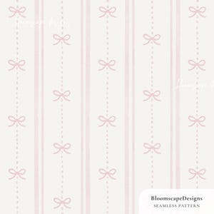 May include: A seamless pattern with a repeating design of pink bows and vertical stripes on a cream background. The bows are linked by dotted lines. The text "Bloomscape Designs" and "Seamless Pattern" are in the bottom right.
