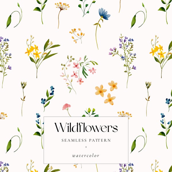 Wildflowers watercolor digital paper, Summer wildflowers seamless pattern, Wildflower meadow digital background, Commercial use