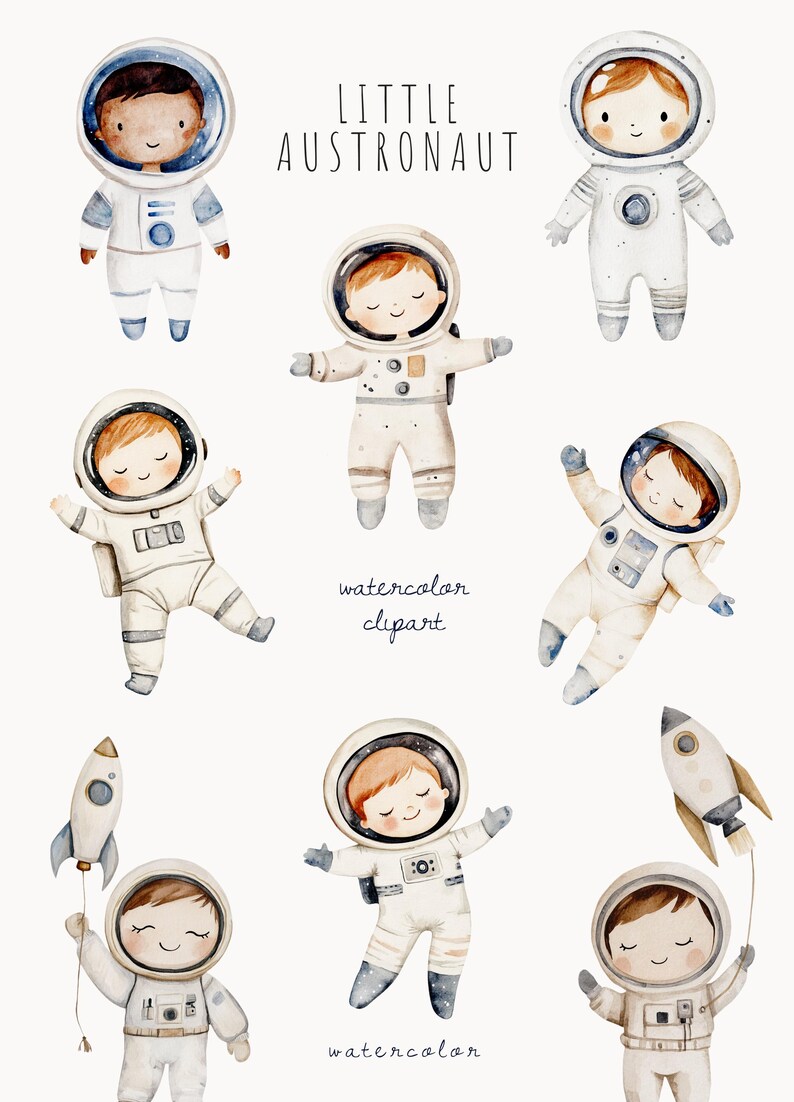 Watercolor Space Clipart Bundle, Cute Astronaut PNG Set, Galaxy Baby ...