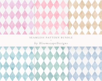 Pastel Harlequin Digital Paper Pack, Pink Blue Green Beige Purple Diamond Seamless Patterns, Coquette Scrapbook Craft Backgrounds Clipart
