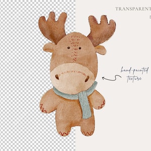 May include: A watercolor illustration of a brown moose wearing a blue scarf. The moose has a hand-painted texture.