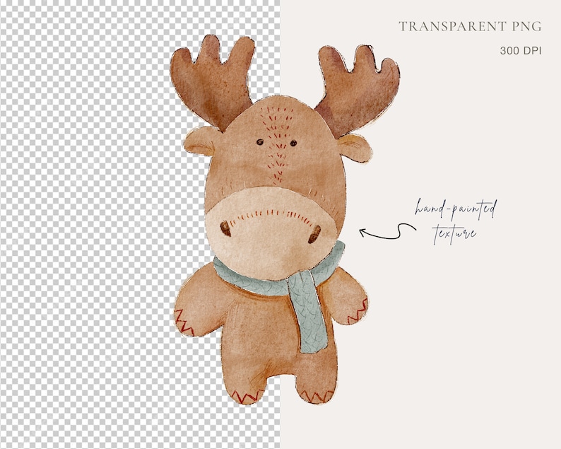 May include: A watercolor illustration of a brown moose wearing a blue scarf. The moose has a hand-painted texture.