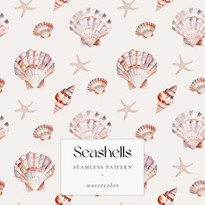 May include: Seamless pattern featuring watercolor illustrations of seashells and starfish on a light beige background. The text "Seashells" and "Seamless Pattern" is displayed in black text on a white rectangle.