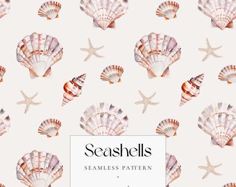 Watercolor Seashell Seamless Pattern – Beige Coastal Design for Scrapbooking, Crafts, DIY Projects, Beach-Themed Decor, Summer Pattern