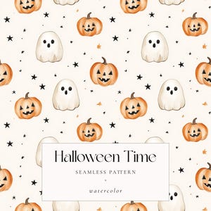 Halloween Ghost and Pumpkin Seamless Pattern, Cute Watercolor Ghosts Jack-O-Lanterns Digital Paper, Spooky Fall Background for Scrapbooking
