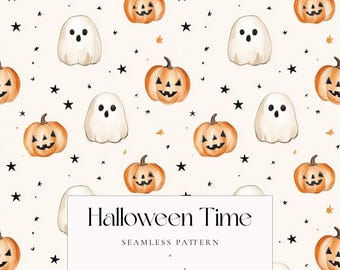Halloween Ghost and Pumpkin Seamless Pattern, Cute Watercolor Ghosts Jack-O-Lanterns Digital Paper, Spooky Fall Background for Scrapbooking