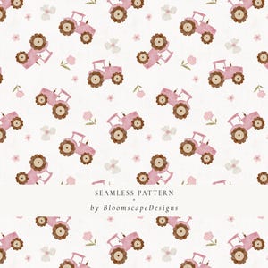 May include: A seamless pattern featuring pink tractors with brown wheels and accents, interspersed with small pink and white floral elements. The design is set against a white background. The text "SEAMLESS PATTERN by BloomscapeDesigns" is at the bottom.