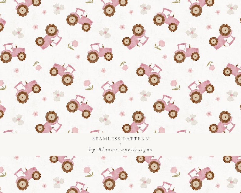 May include: A seamless pattern featuring pink tractors with brown wheels and accents, interspersed with small pink and white floral elements. The design is set against a white background. The text "SEAMLESS PATTERN by BloomscapeDesigns" is at the bottom.
