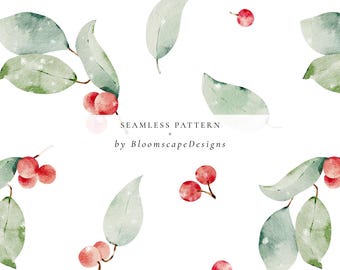 Padrão sem emendas de frutas vermelhas de Natal em aquarela, papel digital com folhas de eucalipto, fundo de férias com vegetação de inverno, álbum de recortes de frutas vermelhas