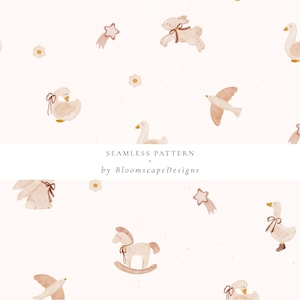Modello senza cuciture per la cameretta dei bambini in stile boho neutro, clipart di animali da compagnia ad acquerello, coniglietto, anatra, cavallo a dondolo, stelle, carta digitale per scrapbooking di neonati