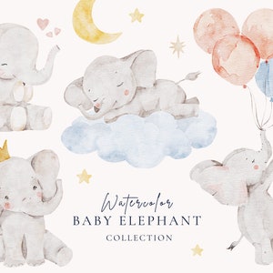 Clipart acquerello di elefante bambino, decorazioni per baby shower, clipart di bambina, simpatici cuccioli, animali addormentati, clipart acquerello per la cameretta dei bambini