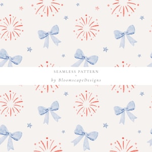 Patrón sin costuras del 4 de julio: lazos de fuegos artificiales rojos, blancos y azules. Papel digital de acuarela patriótico para sublimación, tela y scrapbooking.
