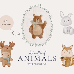 Aquarel bosdieren clipart png, kinderkamer cartoon clipart, schattige beer, konijn, herten illustratie, baby bosdieren, commercieel gebruik