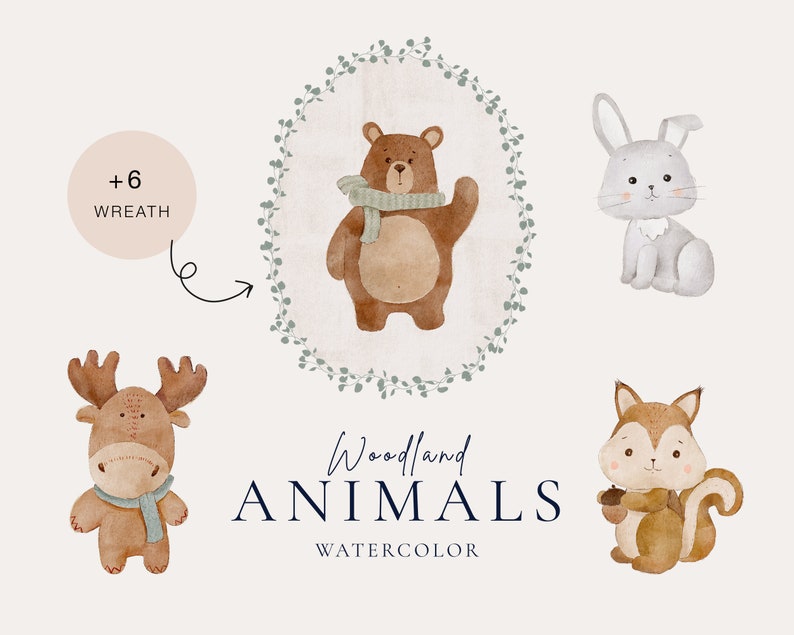 May include: Watercolor illustrations of woodland animals, including a bear, rabbit, moose, and squirrel. The animals are wearing scarves and have a cute, cartoon-like style. The text "Woodland Animals Watercolor" is included in the image.