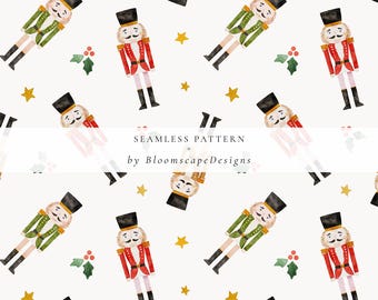 Watercolor Nutcracker Christmas Pattern, Festive Holiday Seamless Pattern, Nutcracker Ballet Kids Fabric, Xmas Digital Scrapbooking Paper