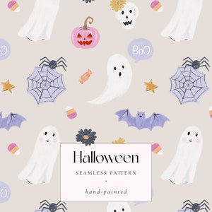 Modèle sans couture d'halloween pastel, décoration png d'halloween rose, fantôme mignon, citrouille, cliparts papier numérique bonbons, tissu effrayant peint à la main