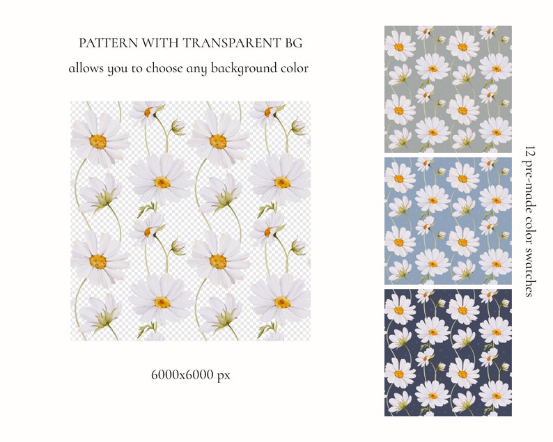 May include: A seamless pattern featuring white daisies with yellow centers on a transparent background. The pattern is 6000x6000 pixels and includes 12 pre-made color swatches.