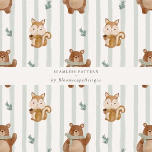 Lindo patrón sin costuras de animales del bosque, diseño de oso y ardilla dibujados a mano, papel digital de bosque, tela para guardería, decoración de baby shower