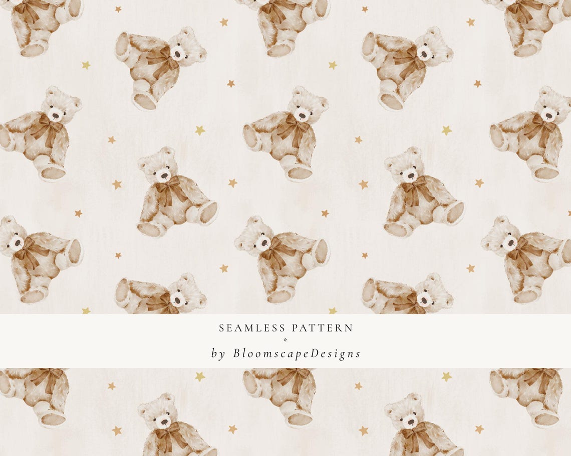 Watercolor Teddy Bear Seamless Pattern, Neutral Nursery Digital Paper ...