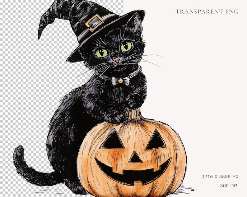 May include: A black cat wearing a witch's hat sits on top of a jack-o'-lantern. The cat has green eyes and a white bow tie. The jack-o'-lantern has a carved face with a wide smile.