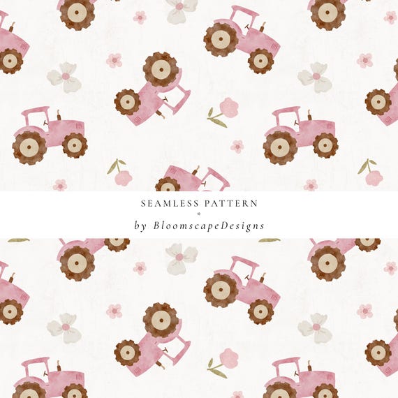 Pink Tractor Seamless Pattern, Watercolor Farm Girl Fabric, Floral Girl Farm Pattern, Baby Girl Tractor Print, Country Nursery Wallpaper