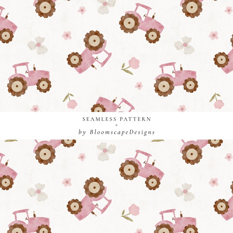 May include: Seamless pattern featuring pink tractors with brown wheels and accents, interspersed with white and pink flowers and green leaves. The pattern is set against a white background. The text "SEAMLESS PATTERN" and "by BloomscapeDesigns" is also visible.