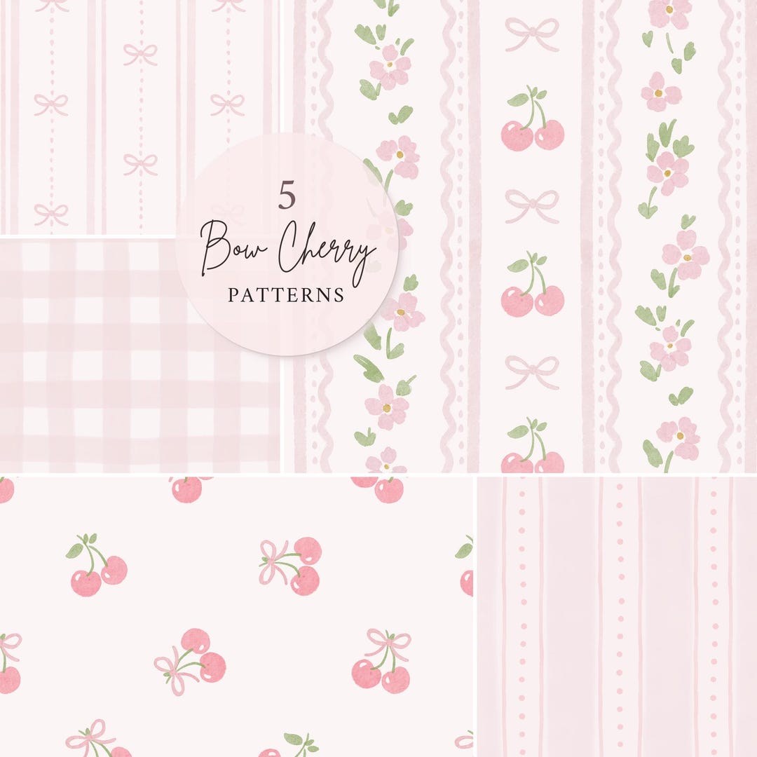 Coquette Cherry Bow Stripe Pattern Bundle, Cherry Bow Seamless Patterns ...