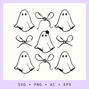 Lindo fantasma SVG, archivos SVG de Halloween, ilustración de fantasma espeluznante, fantasmas dibujados a mano con moños, archivo de corte para Cricut