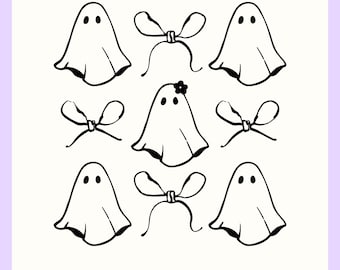 Cute Ghost SVG Clipart, Halloween SVG Files, Spooky Ghost Illustration, Hand-Drawn Ghosts with Bows, Cutting File for Cricut
