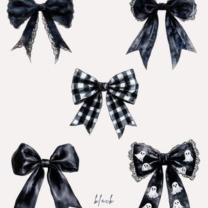 Black Bow Watercolor Clipart Set, Coquette Bow PNG, Girly Gothic Bows, Retro Halloween, Checkered Bow, Spooky Season, Black Bow Trendy PNG image 2