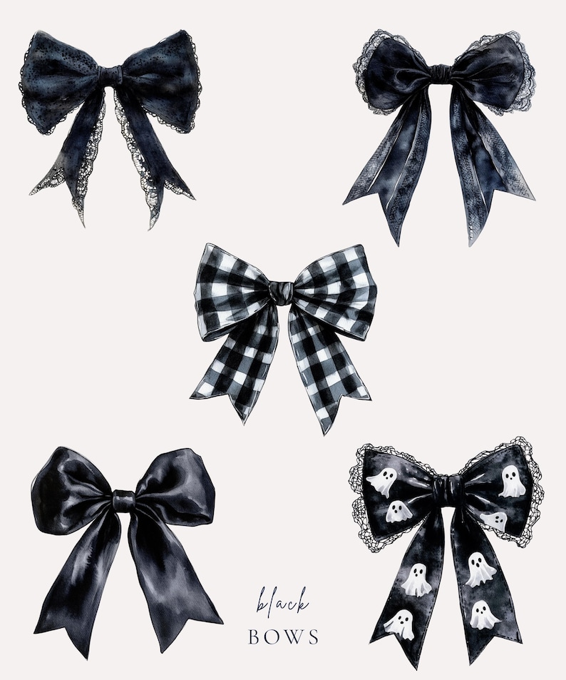 Black Bow Watercolor Clipart Set, Coquette Bow PNG, Girly Gothic Bows, Retro Halloween, Checkered Bow, Spooky Season, Black Bow Trendy PNG image 2