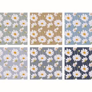 May include: Six seamless patterns featuring white daisies with yellow centers on different colored backgrounds. The backgrounds include light blue, brown, gray, dark blue, and light gray.