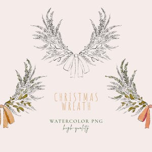 Kerstkrans clipart, aquarel vakantie krans png, handgeschilderde groenblijvende kransen met strikken, rustieke kerst decor clipart, beeldende kunst