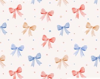 Patriotic Bow Seamless Pattern, 4th of July Coquette Bows, Red Blue Ribbon Pattern, Watercolor Digital Paper, Cute Fabric Pattern