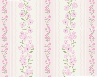 Coquette Floral Stripe Seamless Pattern, Pink Vintage Flower Digital Paper, Feminine Nursery Wallpaper, Cottagecore Fabric Design