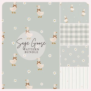 Peut inclure: Ensemble de motifs Sage Goose. L'image présente un motif répétitif d'oies blanches avec des nœuds marron et des pieds jaunes, parsemé de marguerites blanches, sur un fond vert sauge. D'autres motifs incluent du vichy, des marguerites et des rayures verticales.