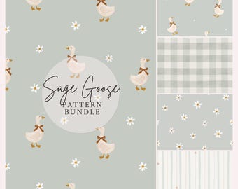 Sage Goose Nursery Pattern Bundle, Vintage Cottagecore Seamless Patterns, Neutral Gingham Stripe Daisy Wallpaper, Nursery Digital Paper