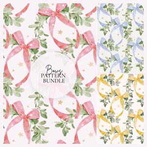 Puede incluir: Un paquete de patrones con lazos de acuarela en rojo, azul y amarillo, con follaje verde y estrellas doradas sobre un fondo blanco. El texto "Bows Pattern Bundle" está en el centro.