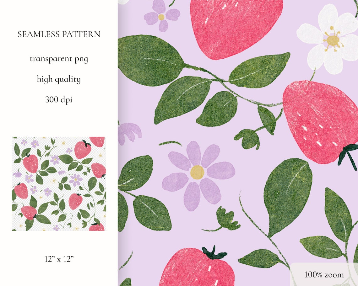 Strawberry Seamless Pattern, Pink Strawberries PNG Seamless File, Hand ...