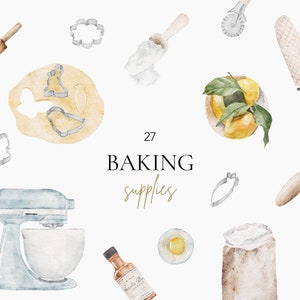Aquarell Backen Clipart, Handgemalte Bäckerei Clipart, Backzubehör, Kochen Logo, Kulinarisches Clipart, Pastell Küchenutensilien