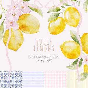 Clipart de aquarela de limão, limões pintados à mão, molduras modernas caprichosas, padrões de listras em tons pastéis para artesanato faça você mesmo, scrapbooking