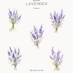 May include: Five watercolour illustrations of lavender bouquets. The bouquets are arranged in a grid pattern. The text "watercolor LAVENDER bouquets" is at the top of the image. The text "high quality, 300 dpi" is at the bottom of the image.