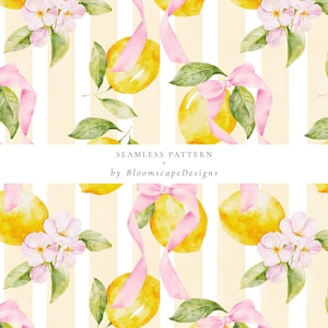 Modèle sans couture aquarelle citron, papier numérique rayures agrumes avec noeud rose, fond d'été coquette, fichier de répétition citrons peint à la main